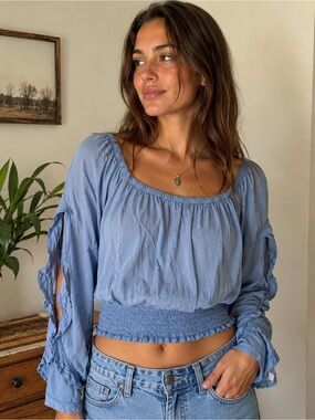 Wrangler Light Blue Peasant Blouse Boho Prairie Top Size Large